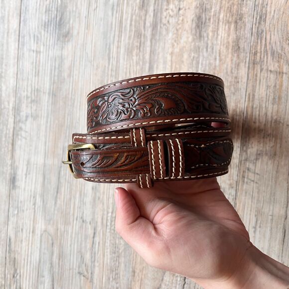 Nocona Western Tooled Leather Belt Size 32 Brown Cowboy Artisan Vintage Layer main image 4